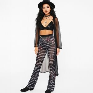 Sheer Tattoo Print Flared Mesh Leggings Y2K Nautical XL